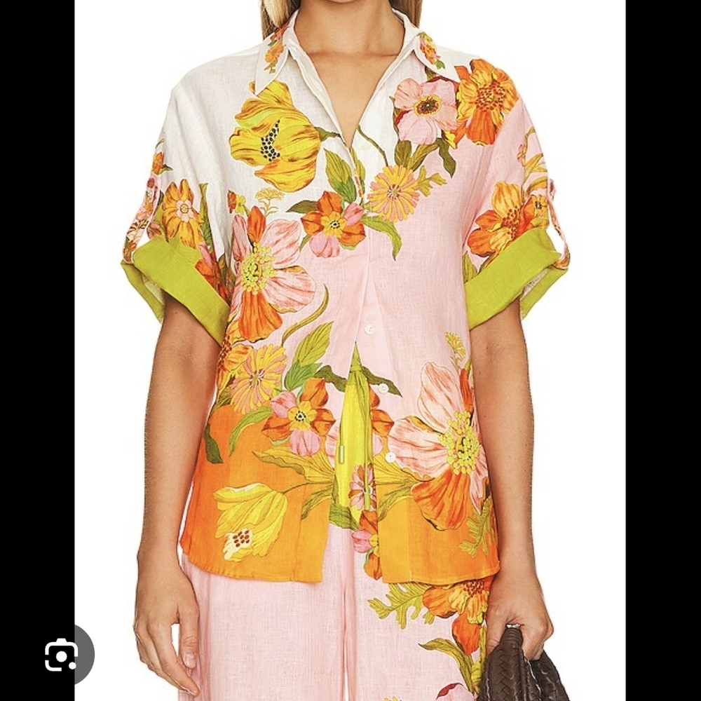 Floral Button-Front Short Sleeve Top in Pink, Orange & Green
